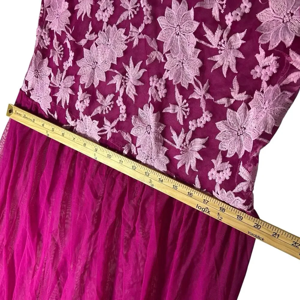 Vince Camuto Sz M Floral Embroidered Mesh Sheer Overlay Dress Pink Purple Maxi - Picture 8 of 9